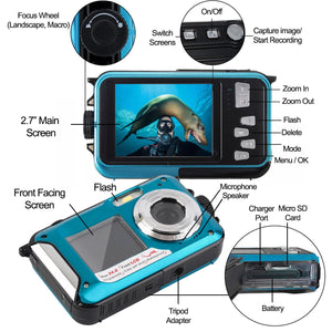 48MP Waterproof Dual Screen HD 1080 Camera for Snorkeling Kids Pool Underwater